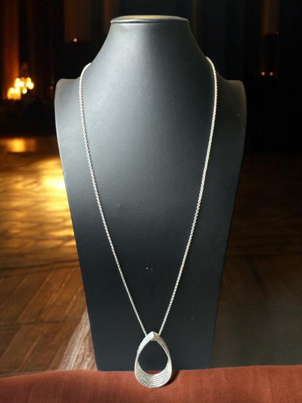 Silver Textured Teardrop Pendant Necklace • 30” Long Chain • Modern Sculptural D